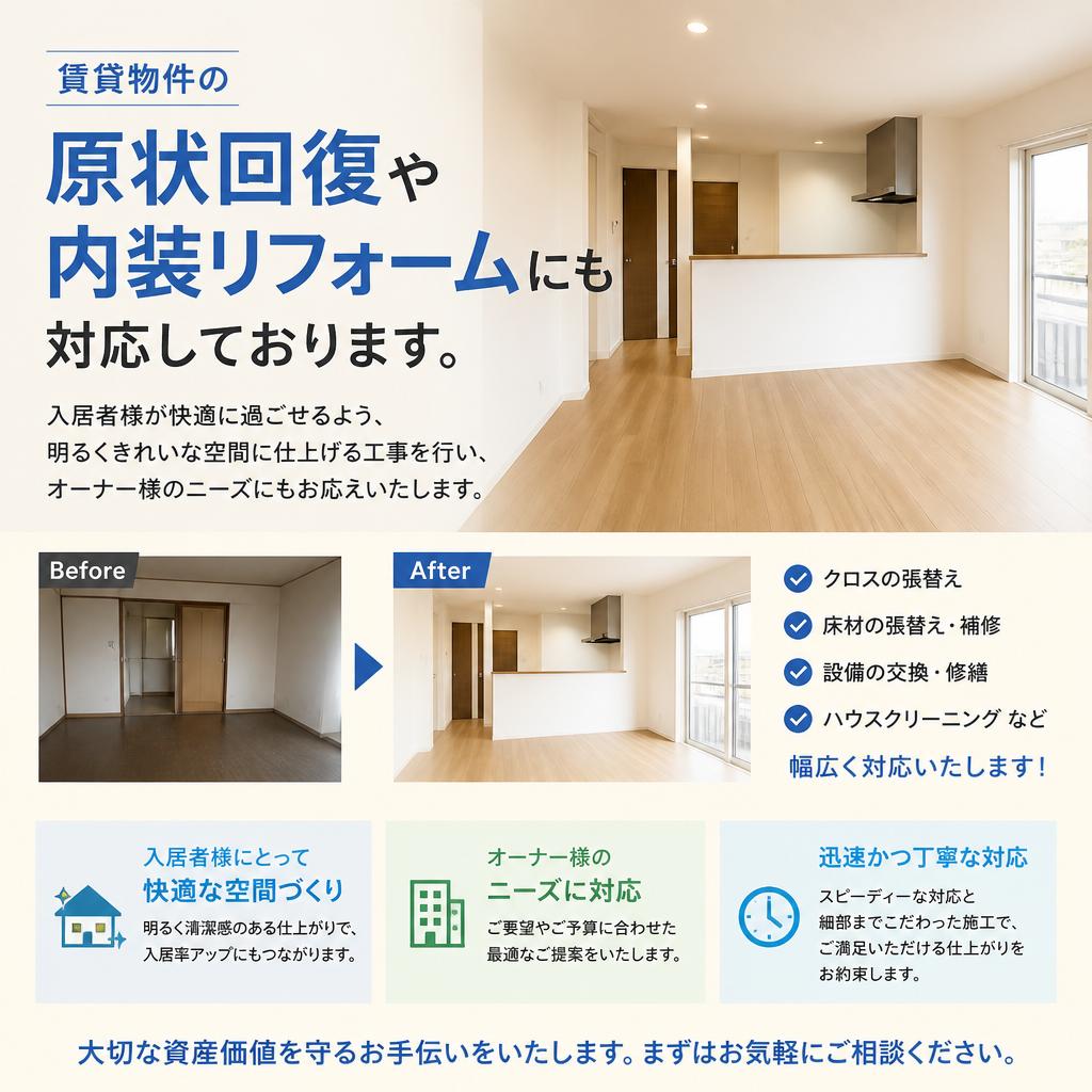 賃貸物件の内装リフォームも対応！
