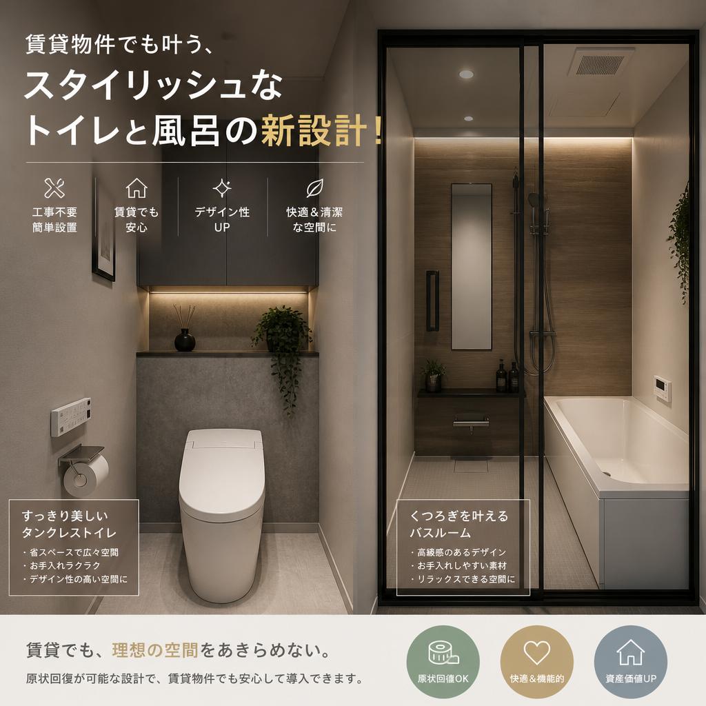 賃貸物件でも叶う、スタイリッシュなトイレと風呂の新設計！
