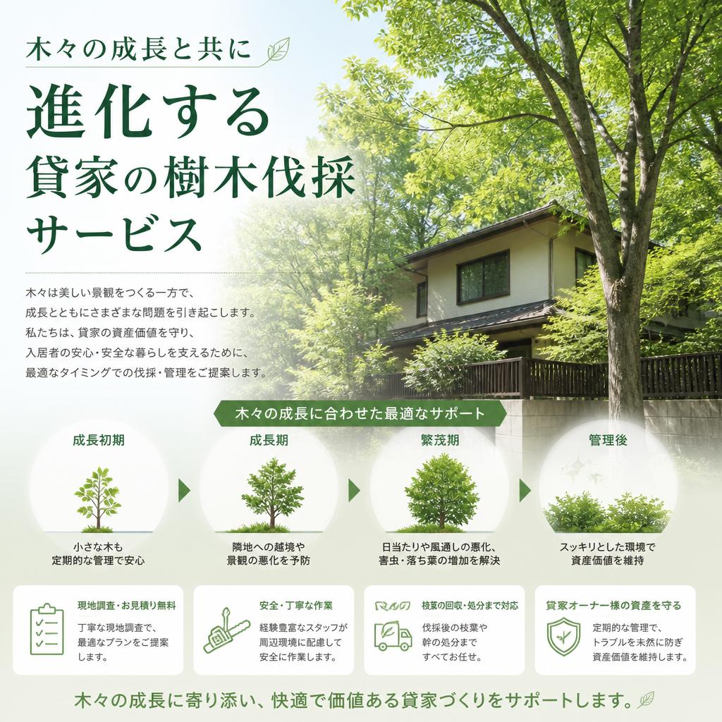 木々の成長と共に進化する貸家の樹木伐採サービス