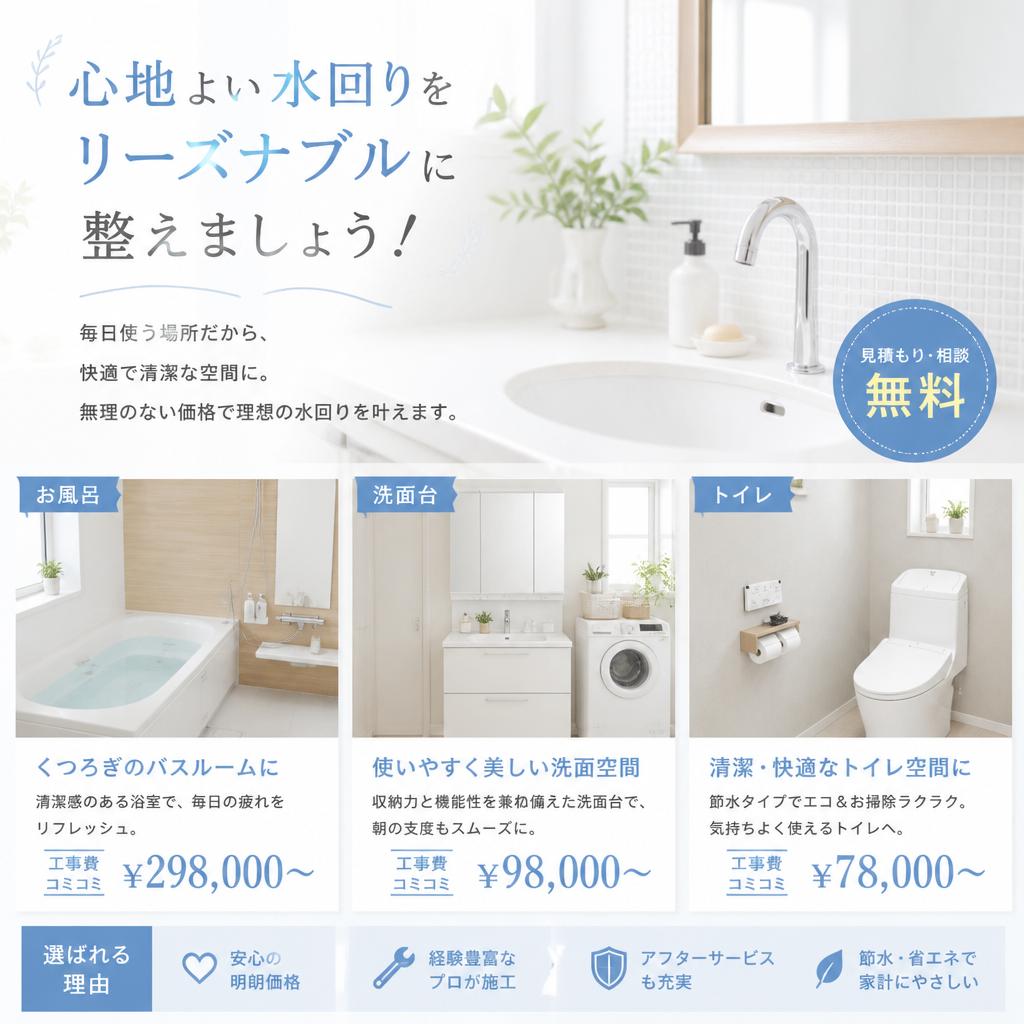 心地よい水回りをリーズナブルに整えましょう！