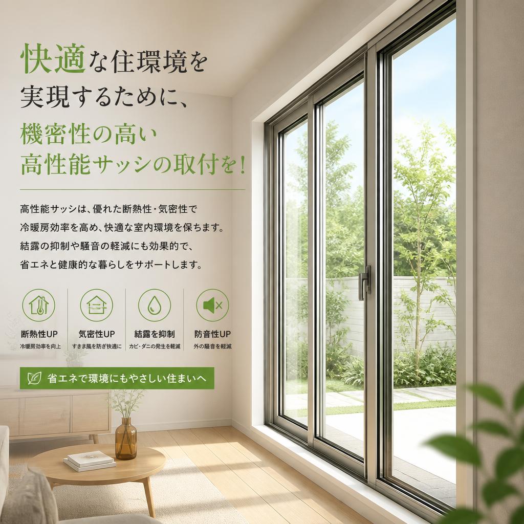 快適な住環境を実現するために、機密性の高い高性能サッシの取付を！