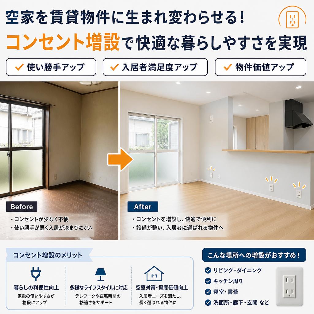 空家を賃貸物件に生まれ変わらせる！コンセント増設で快適な暮らしやすさを実現