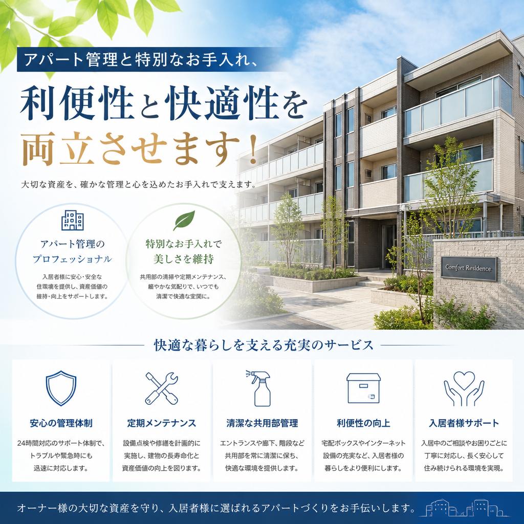 アパート管理と特別なお手入れ、利便性と快適性を両立させます！